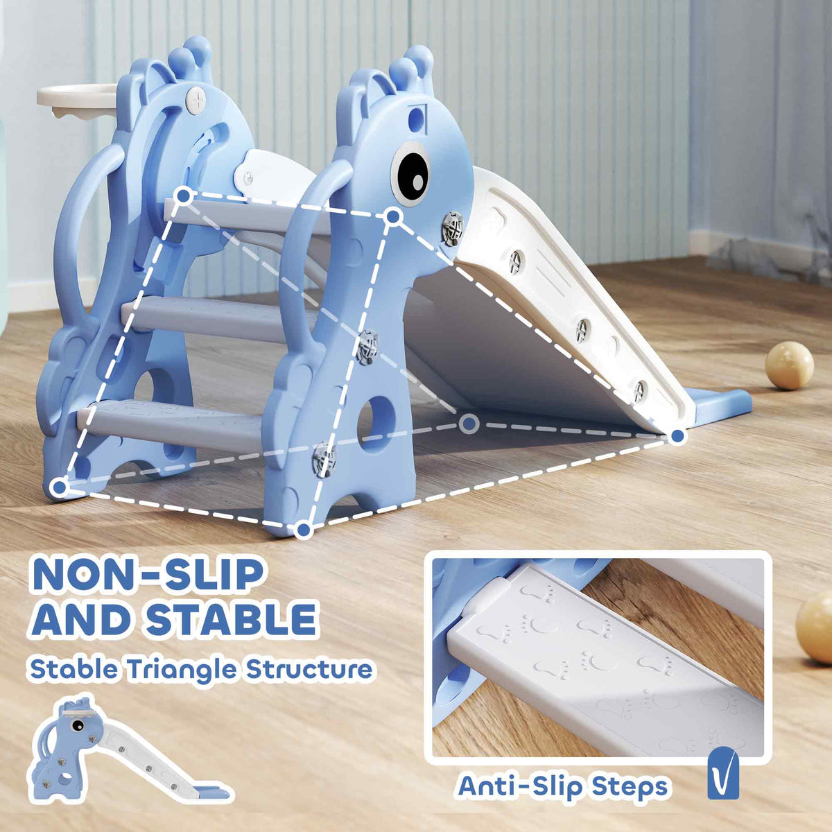 AIYAPLAY 3 in 1 Kids Slide with Climber, Basketball Hoop and Ball, Giraffe Shape Climber Slide for Indoor Kids Age 1-3, Blue - SGP Garden Ltd