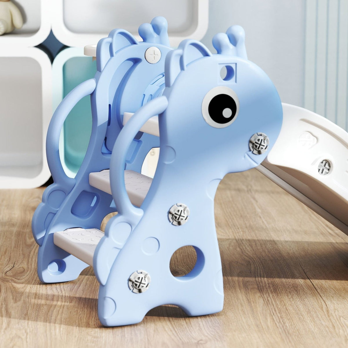 AIYAPLAY 3 in 1 Kids Slide with Climber, Basketball Hoop and Ball, Giraffe Shape Climber Slide for Indoor Kids Age 1-3, Blue - SGP Garden Ltd