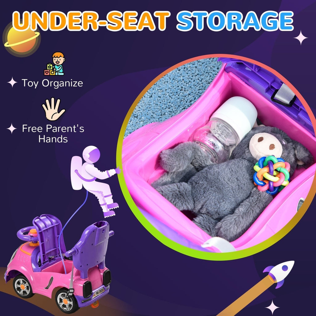 AIYAPLAY 3 in 1 Ride on Push Car, Cartoon Robot Theme Foot to Floor Slider w/ Handle Light Music Horn, Storage - Pink - SGP Garden Ltd