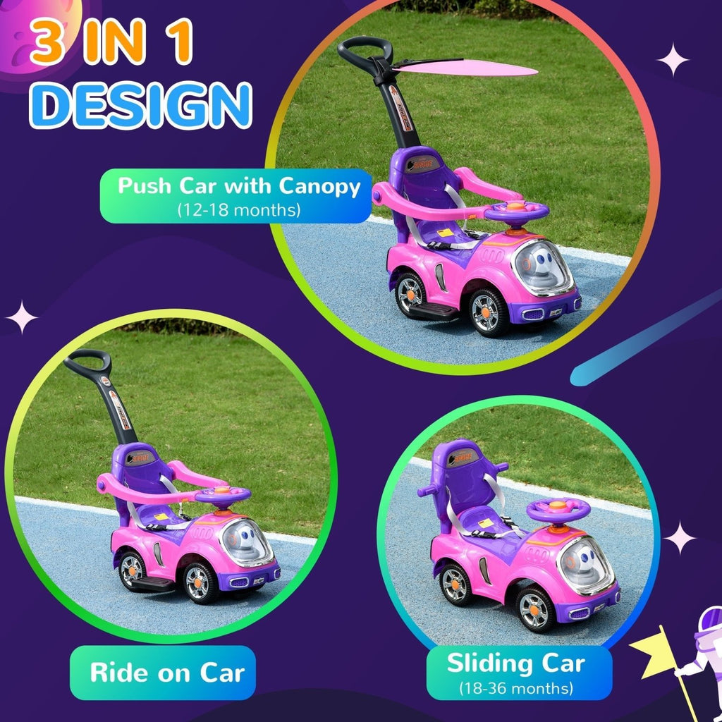 AIYAPLAY 3 in 1 Ride on Push Car, Cartoon Robot Theme Foot to Floor Slider w/ Handle Light Music Horn, Storage - Pink - SGP Garden Ltd