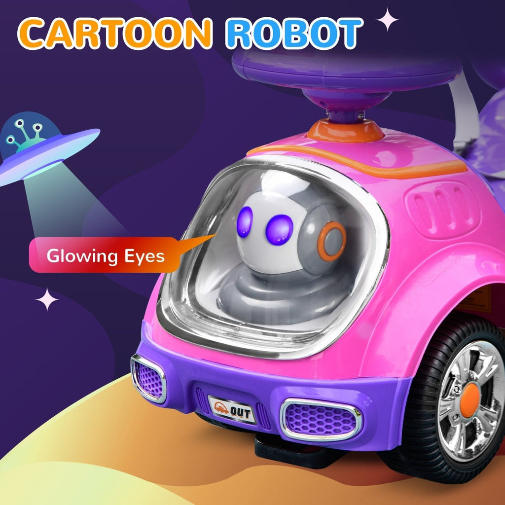 AIYAPLAY 3 in 1 Ride on Push Car, Cartoon Robot Theme Foot to Floor Slider w/ Handle Light Music Horn, Storage - Pink - SGP Garden Ltd