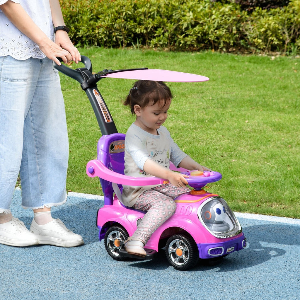 AIYAPLAY 3 in 1 Ride on Push Car, Cartoon Robot Theme Foot to Floor Slider w/ Handle Light Music Horn, Storage - Pink - SGP Garden Ltd