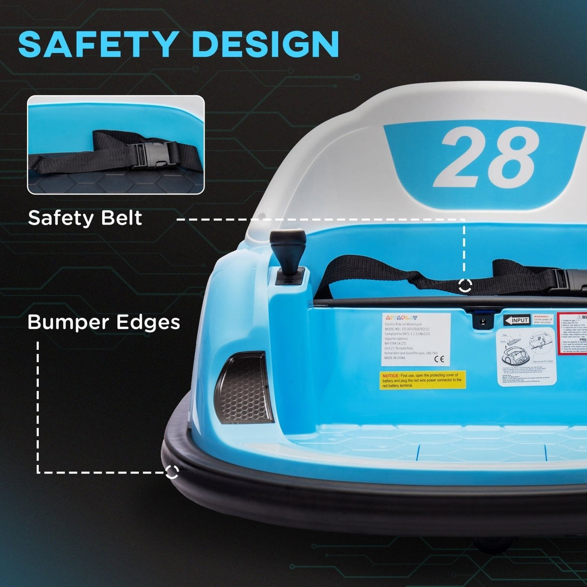 AIYAPLAY 360\'c2\'b0 Rotation Kids Bumper Car, 12V Waltz Car with Remote Control, Dual Joystick, Music, Lights, Light Blue - SGP Garden Ltd