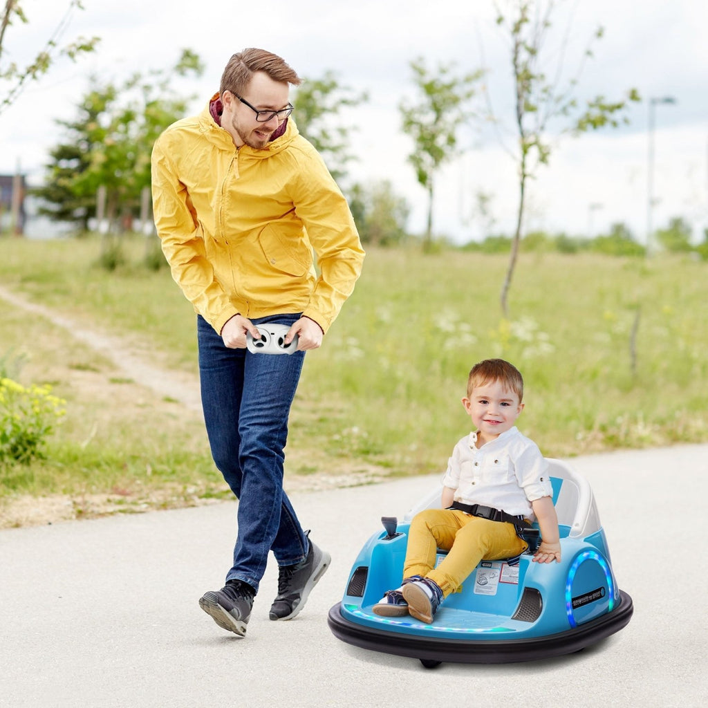 AIYAPLAY 360\'c2\'b0 Rotation Kids Bumper Car, 12V Waltz Car with Remote Control, Dual Joystick, Music, Lights, Light Blue - SGP Garden Ltd