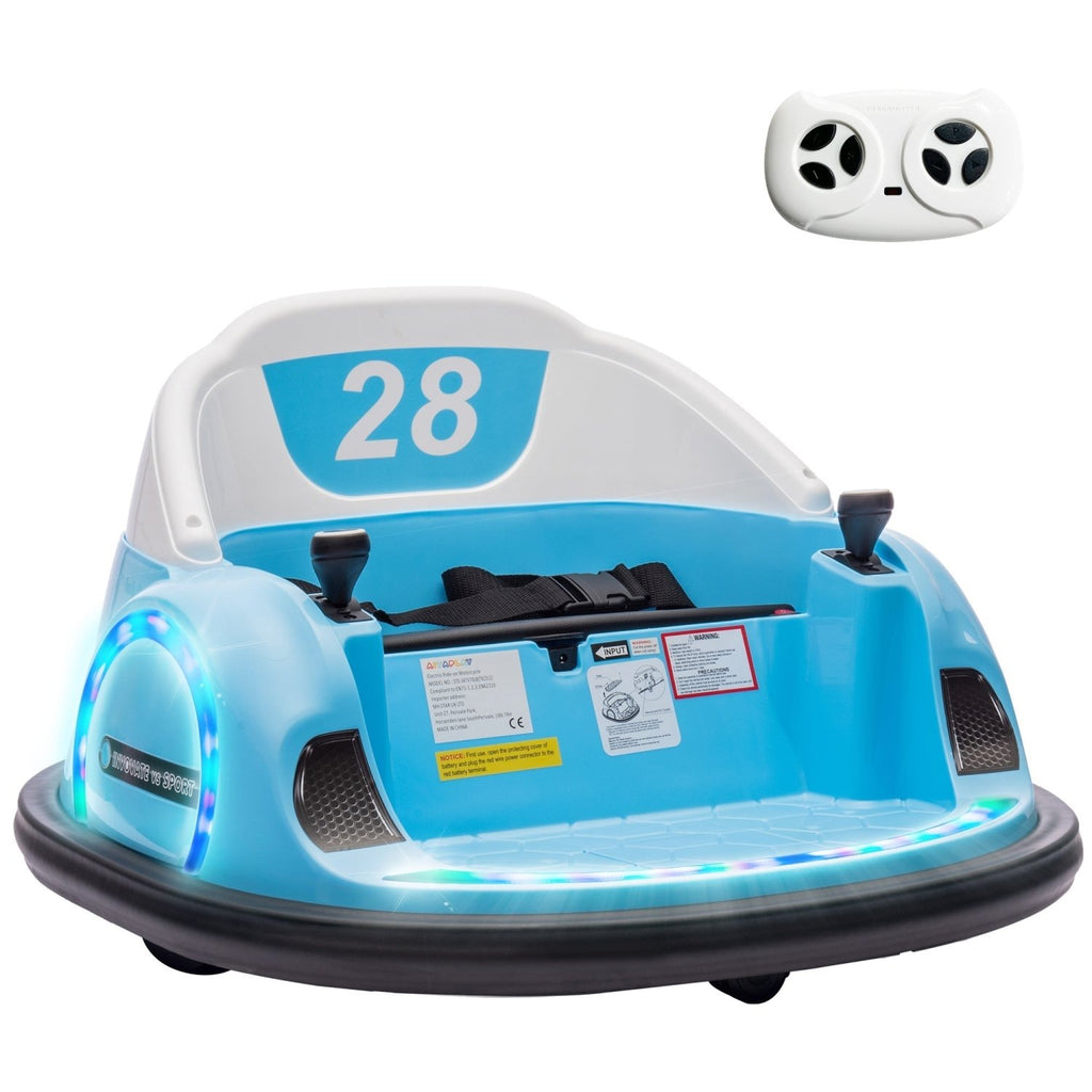 AIYAPLAY 360\'c2\'b0 Rotation Kids Bumper Car, 12V Waltz Car with Remote Control, Dual Joystick, Music, Lights, Light Blue - SGP Garden Ltd