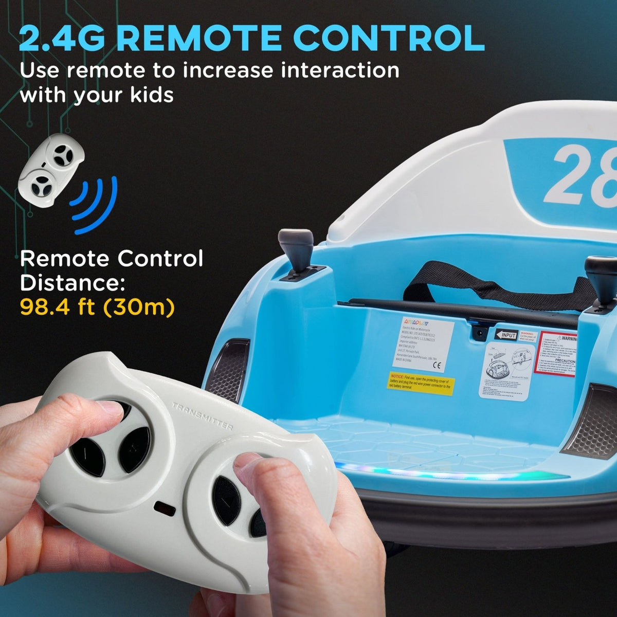AIYAPLAY 360\'c2\'b0 Rotation Kids Bumper Car, 12V Waltz Car with Remote Control, Dual Joystick, Music, Lights, Light Blue - SGP Garden Ltd