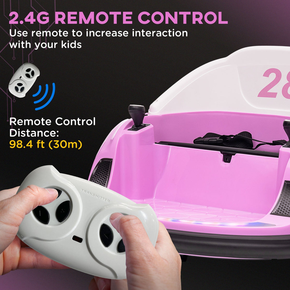 AIYAPLAY 360\'c2\'b0 Rotation Kids Bumper Car, 12V Waltz Car with Remote Control, Dual Joystick, Music, Lights, Pink - SGP Garden Ltd