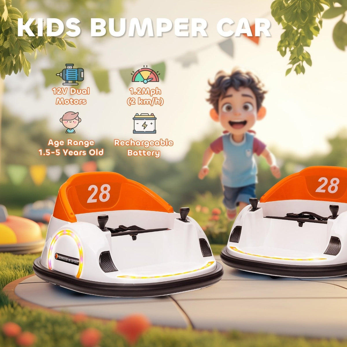 AIYAPLAY 360\'c2\'b0 Rotation Kids Bumper Car, 12V Waltzer Car with Remote Control, Dual Joysticks, Music Lights, Orange - SGP Garden Ltd