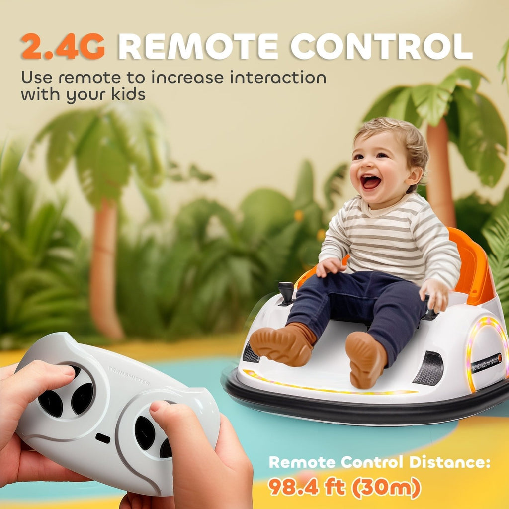 AIYAPLAY 360\'c2\'b0 Rotation Kids Bumper Car, 12V Waltzer Car with Remote Control, Dual Joysticks, Music Lights, Orange - SGP Garden Ltd