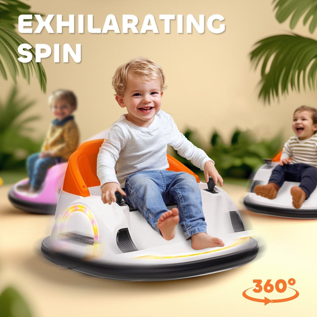 AIYAPLAY 360\'c2\'b0 Rotation Kids Bumper Car, 12V Waltzer Car with Remote Control, Dual Joysticks, Music Lights, Orange - SGP Garden Ltd