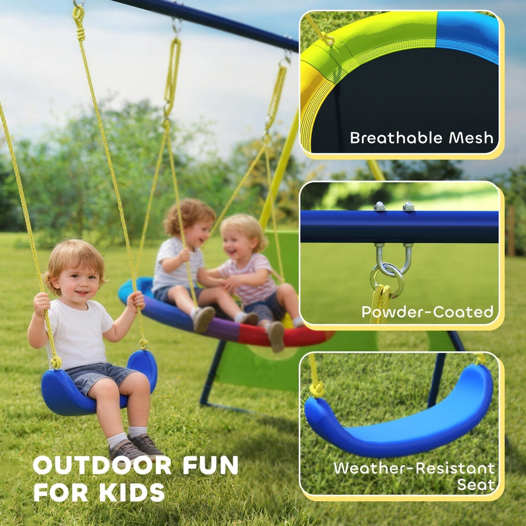 AIYAPLAY 4-in-1 Kids Swing Set with Saucer Swing, Basketball Hoop and Football Goal, Outdoor Playground Playset for Garden - SGP Garden Ltd