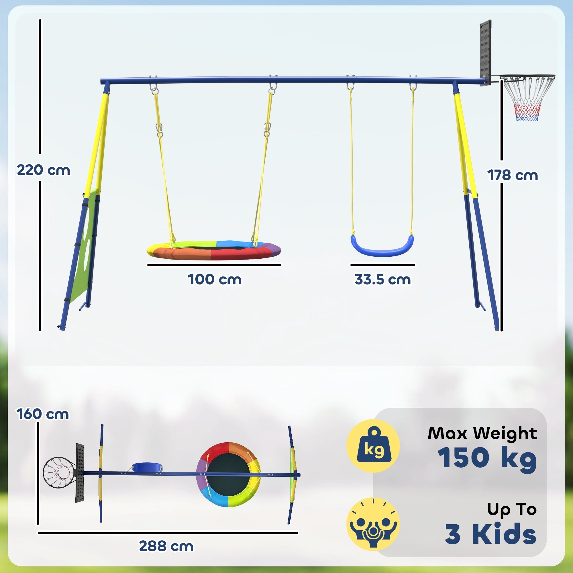 AIYAPLAY 4-in-1 Kids Swing Set with Saucer Swing, Basketball Hoop and Football Goal, Outdoor Playground Playset for Garden - SGP Garden Ltd