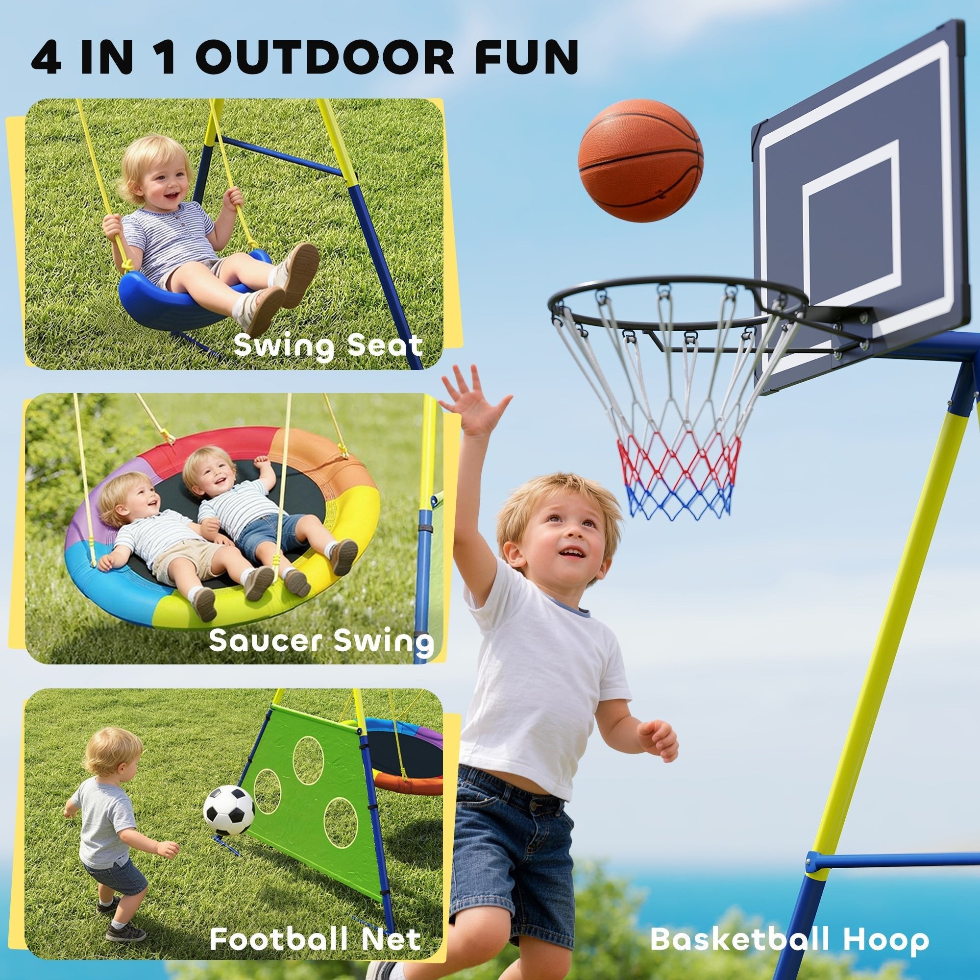 AIYAPLAY 4-in-1 Kids Swing Set with Saucer Swing, Basketball Hoop and Football Goal, Outdoor Playground Playset for Garden - SGP Garden Ltd