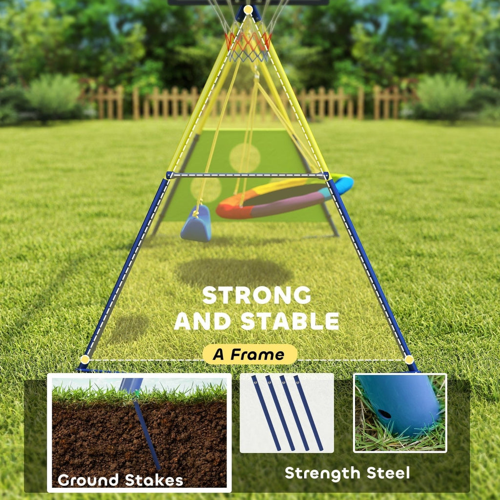 AIYAPLAY 4-in-1 Kids Swing Set with Saucer Swing, Basketball Hoop and Football Goal, Outdoor Playground Playset for Garden - SGP Garden Ltd