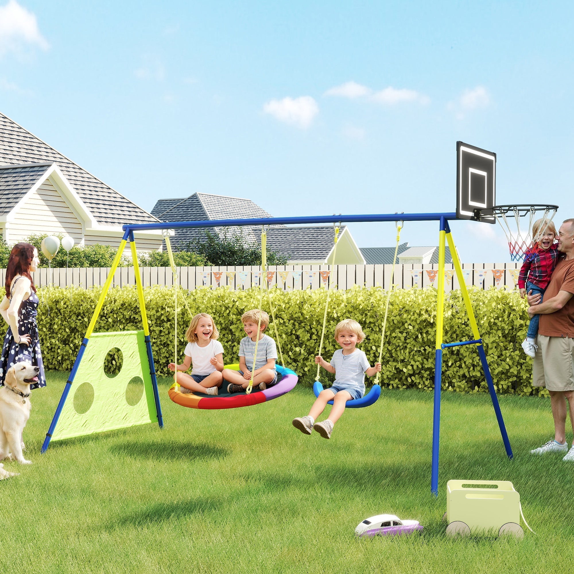 AIYAPLAY 4-in-1 Kids Swing Set with Saucer Swing, Basketball Hoop and Football Goal, Outdoor Playground Playset for Garden - SGP Garden Ltd