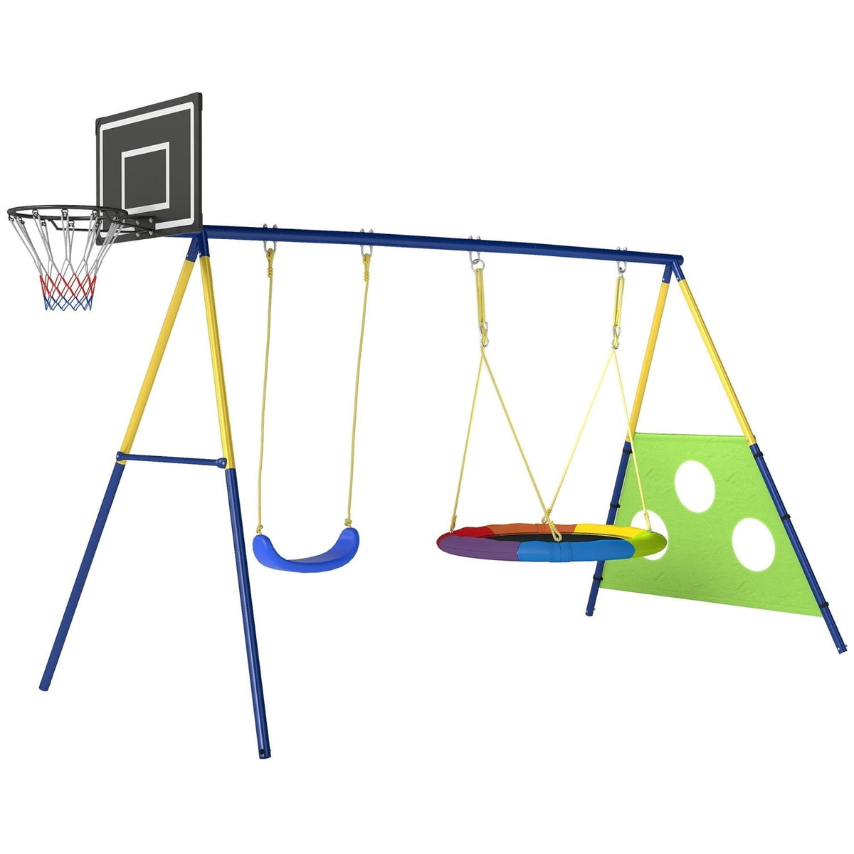 AIYAPLAY 4-in-1 Kids Swing Set with Saucer Swing, Basketball Hoop and Football Goal, Outdoor Playground Playset for Garden - SGP Garden Ltd