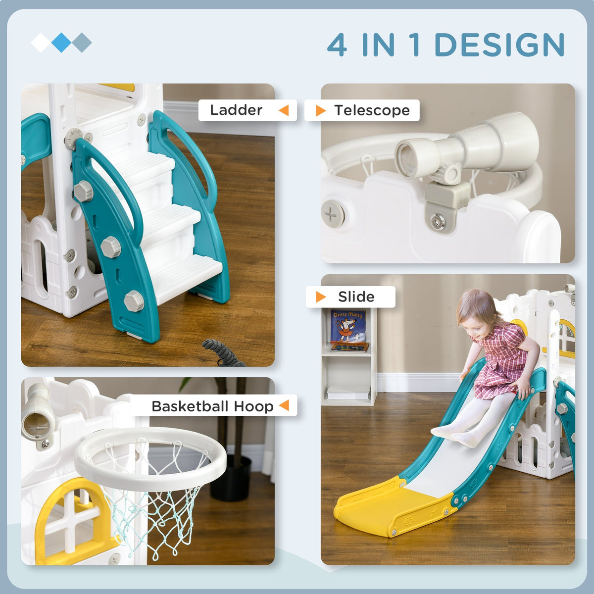 AIYAPLAY 4 in 1 Toddler Slide with Basketball Hoop, Climber, Telescope, Storage Basket, for Ages 1-3 Years, Yellow - SGP Garden Ltd