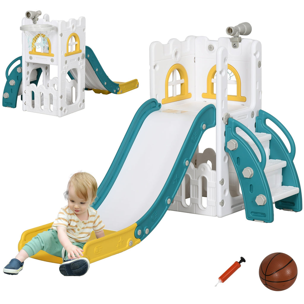 AIYAPLAY 4 in 1 Toddler Slide with Basketball Hoop, Climber, Telescope, Storage Basket, for Ages 1-3 Years, Yellow - SGP Garden Ltd