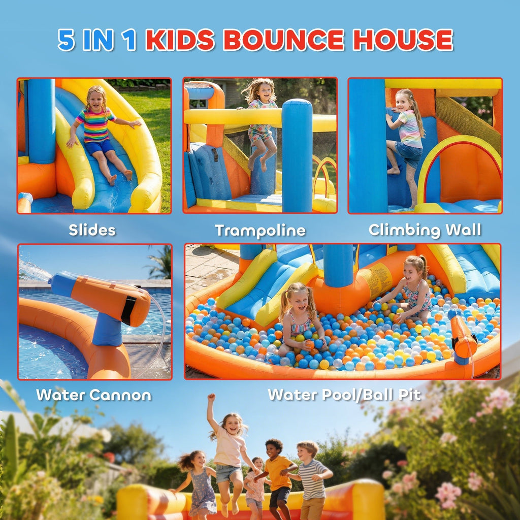 AIYAPLAY 5 in 1 Bouncy Castle for Children, Inflatable Bounce House with Dual Slides, Pool, Climbing Wall, Water Cannons, Blower - SGP Garden Ltd