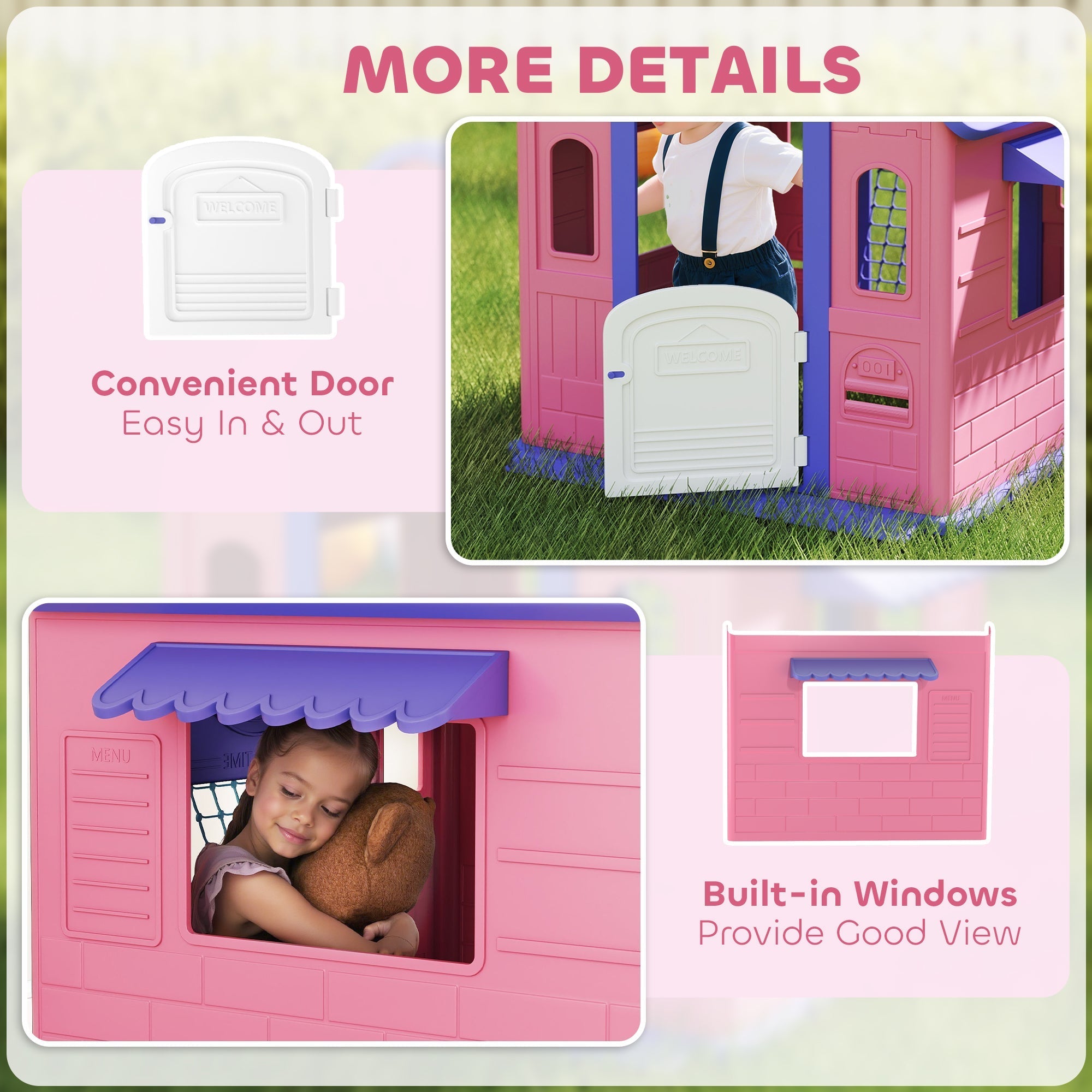 AIYAPLAY 5-in-1 Playhouse for Kids Outdoor Indoor with Basketball Hoop, Football Goal, Dartboard, Ring Toss for 2-5 Years, Pink - SGP Garden Ltd