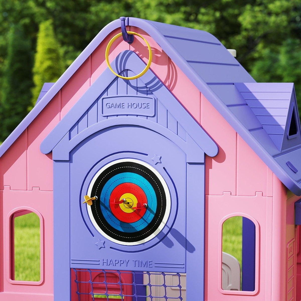 AIYAPLAY 5-in-1 Playhouse for Kids Outdoor Indoor with Basketball Hoop, Football Goal, Dartboard, Ring Toss for 2-5 Years, Pink - SGP Garden Ltd