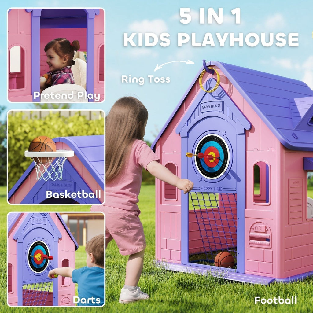 AIYAPLAY 5-in-1 Playhouse for Kids Outdoor Indoor with Basketball Hoop, Football Goal, Dartboard, Ring Toss for 2-5 Years, Pink - SGP Garden Ltd