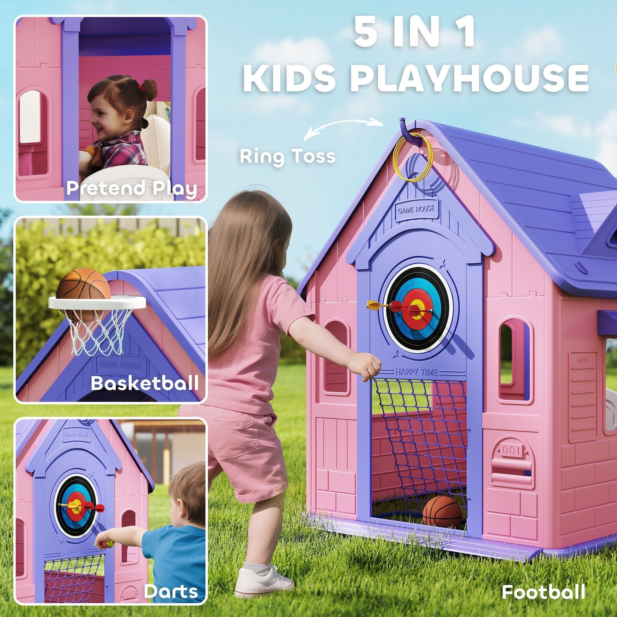AIYAPLAY 5-in-1 Playhouse for Kids Outdoor Indoor with Basketball Hoop, Football Goal, Dartboard, Ring Toss for 2-5 Years, Pink - SGP Garden Ltd