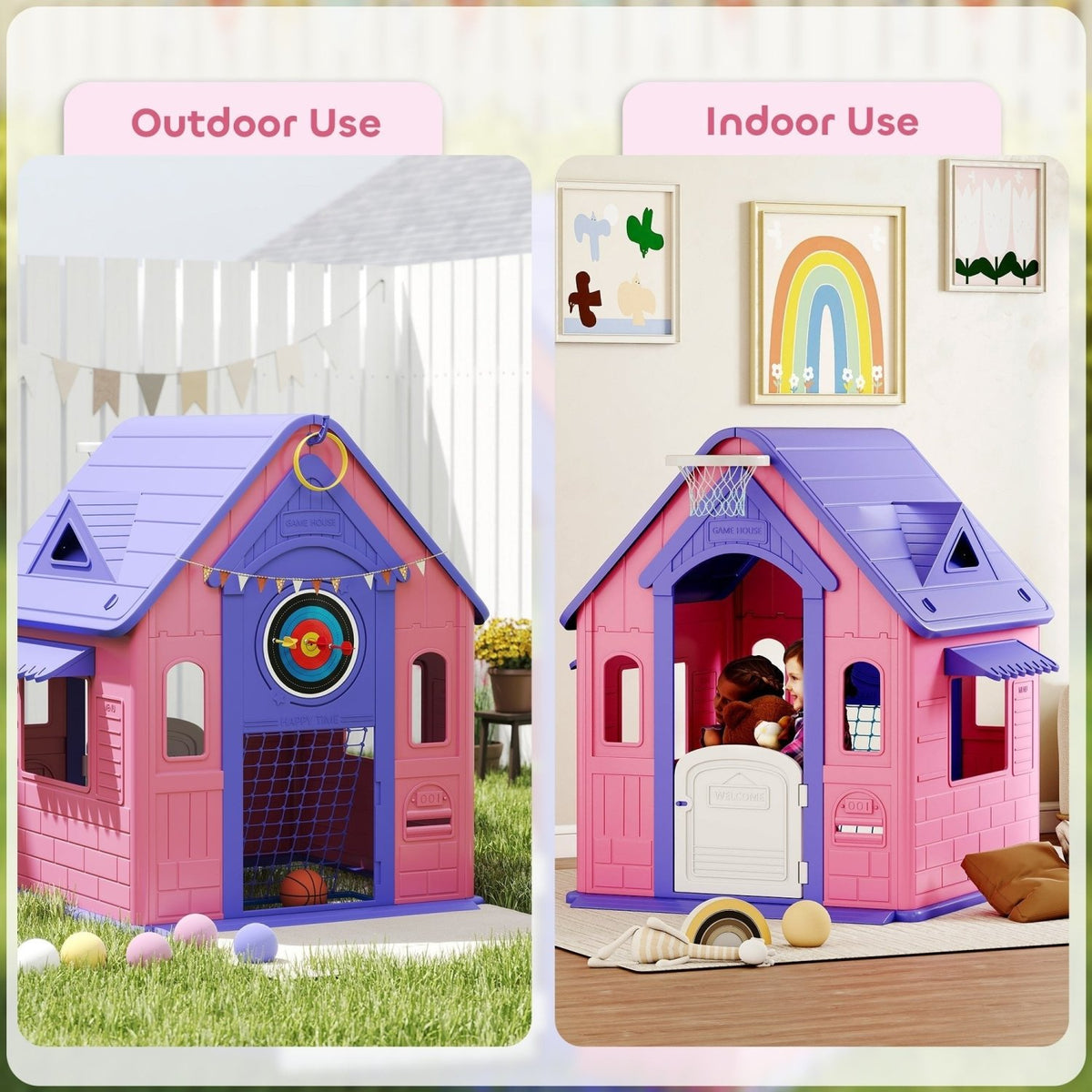 AIYAPLAY 5-in-1 Playhouse for Kids Outdoor Indoor with Basketball Hoop, Football Goal, Dartboard, Ring Toss for 2-5 Years, Pink - SGP Garden Ltd