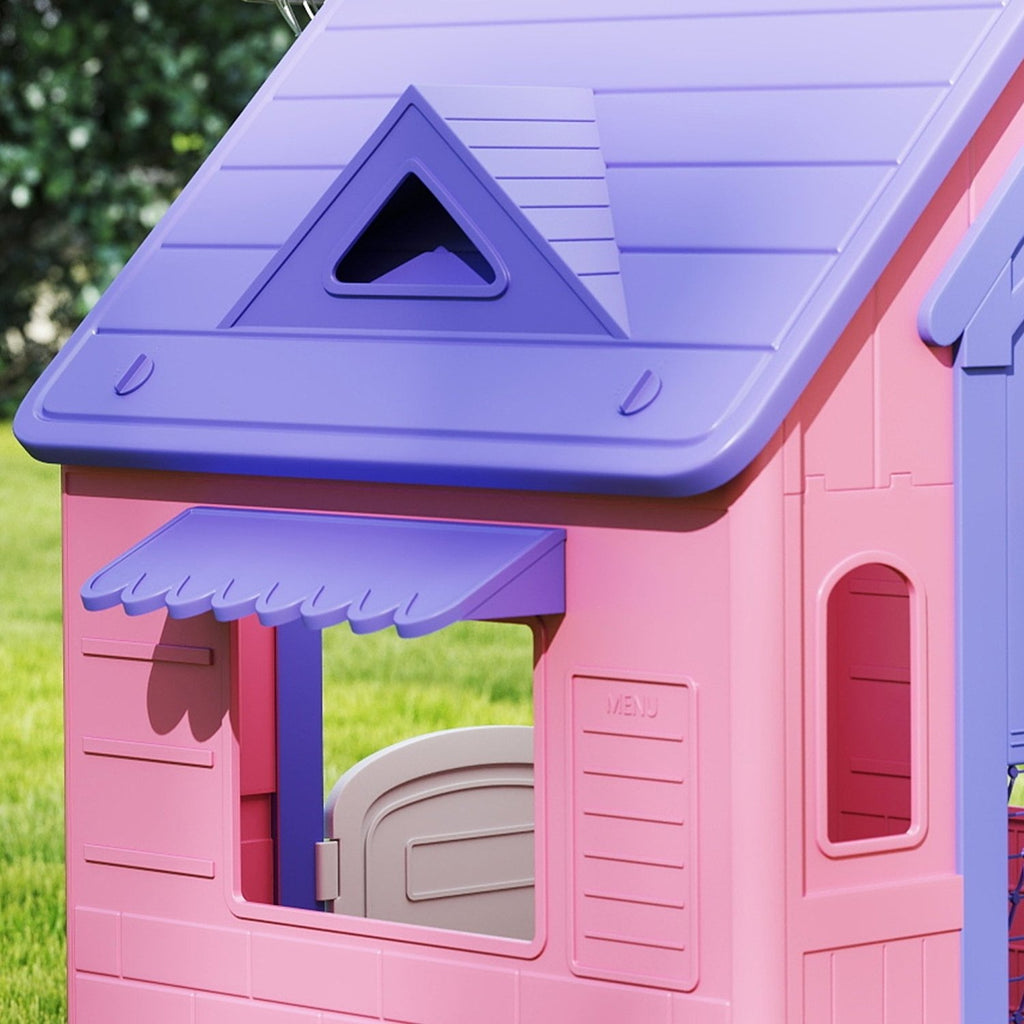 AIYAPLAY 5-in-1 Playhouse for Kids Outdoor Indoor with Basketball Hoop, Football Goal, Dartboard, Ring Toss for 2-5 Years, Pink - SGP Garden Ltd