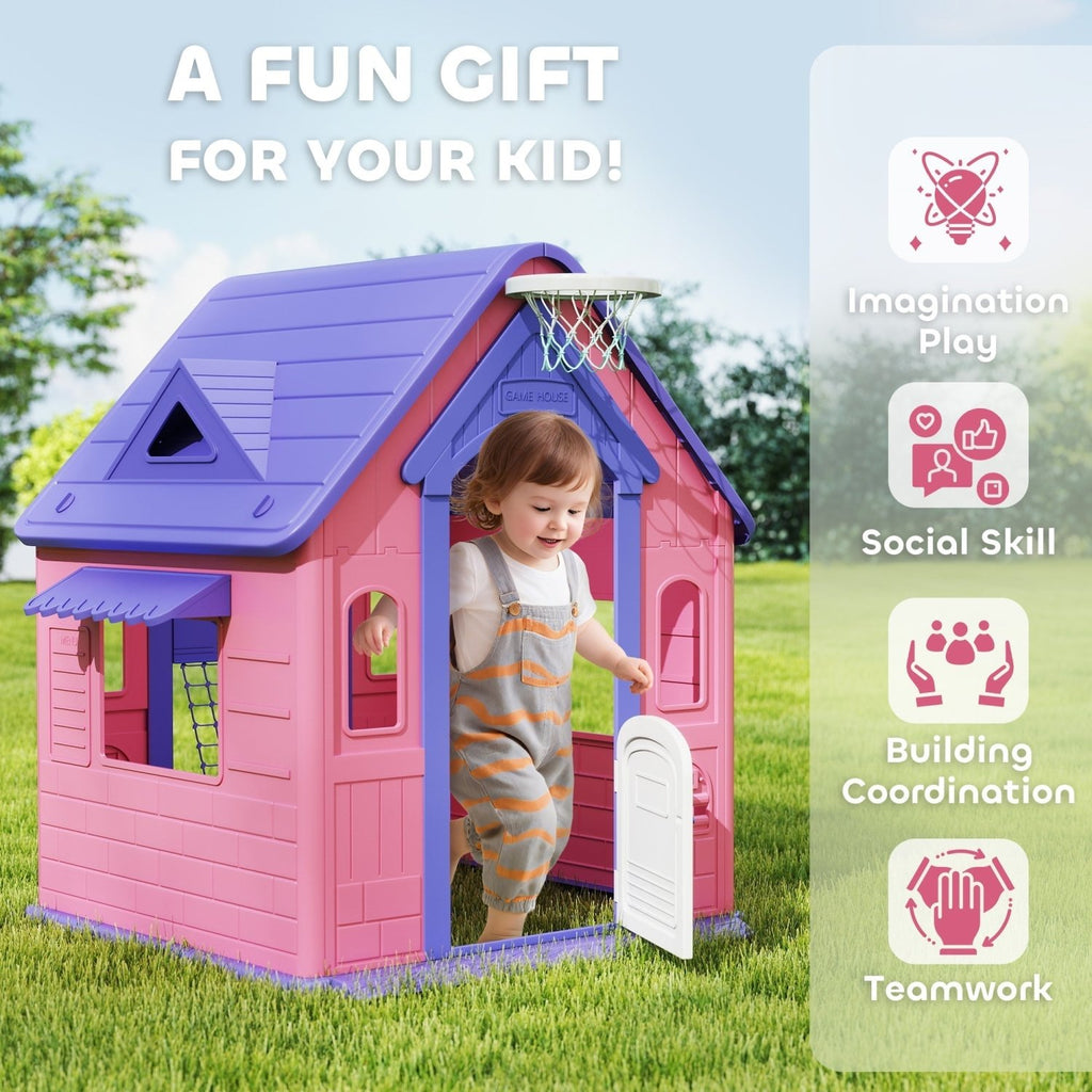 AIYAPLAY 5-in-1 Playhouse for Kids Outdoor Indoor with Basketball Hoop, Football Goal, Dartboard, Ring Toss for 2-5 Years, Pink - SGP Garden Ltd