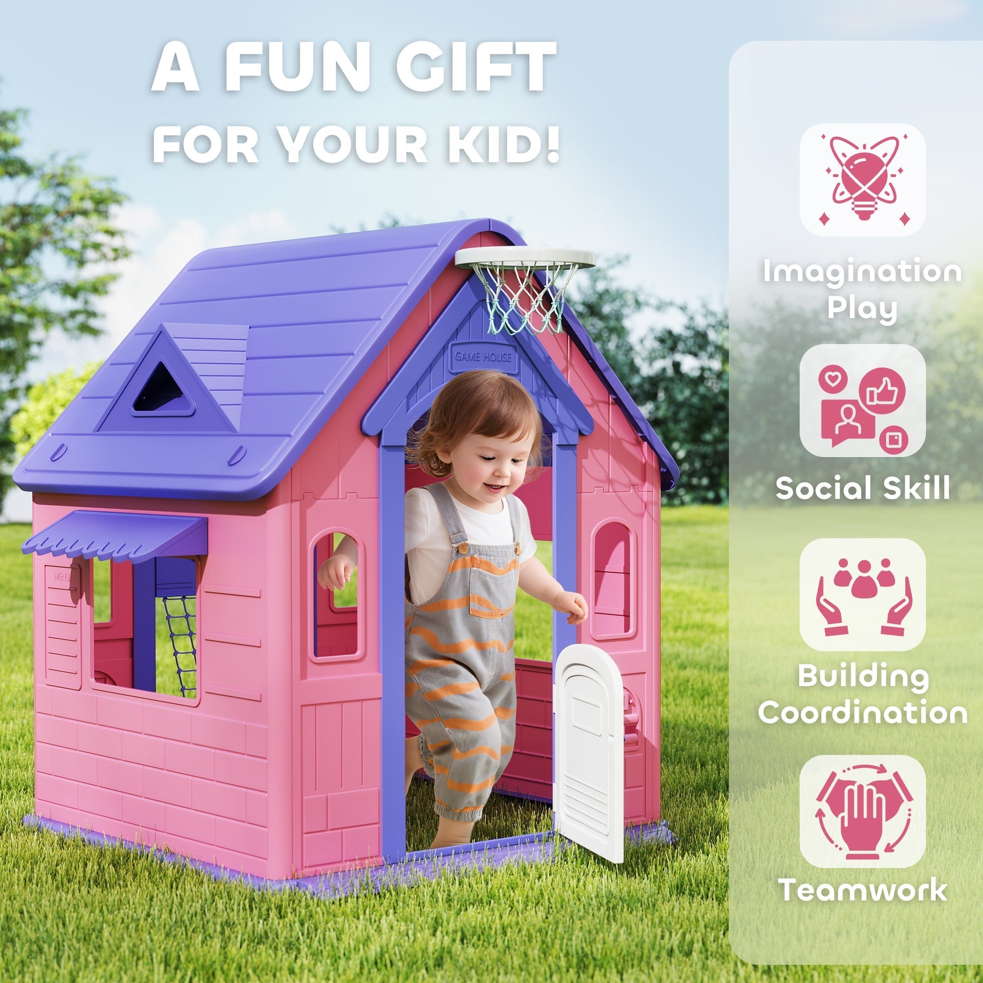 AIYAPLAY 5-in-1 Playhouse for Kids Outdoor Indoor with Basketball Hoop, Football Goal, Dartboard, Ring Toss for 2-5 Years, Pink - SGP Garden Ltd
