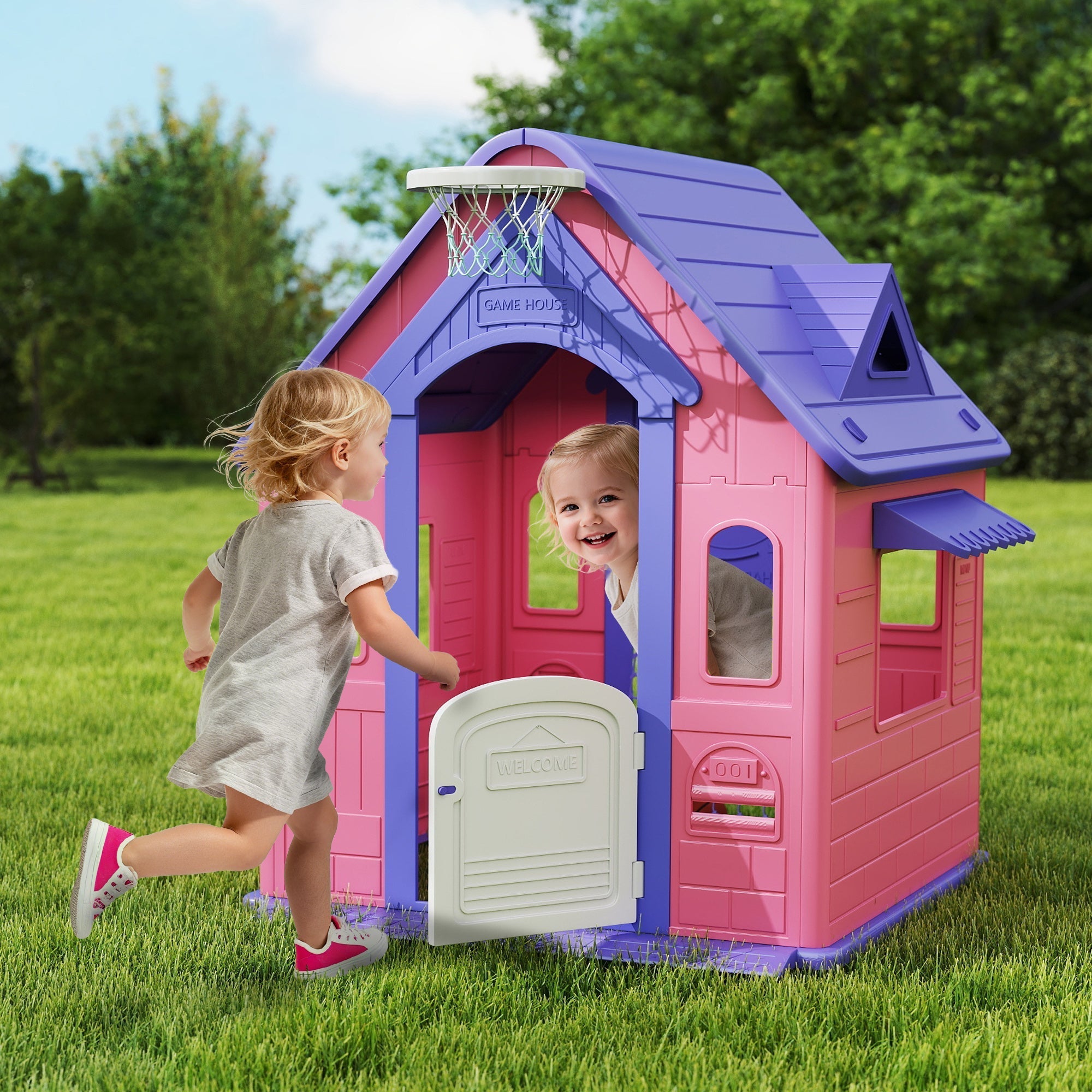 AIYAPLAY 5-in-1 Playhouse for Kids Outdoor Indoor with Basketball Hoop, Football Goal, Dartboard, Ring Toss for 2-5 Years, Pink - SGP Garden Ltd