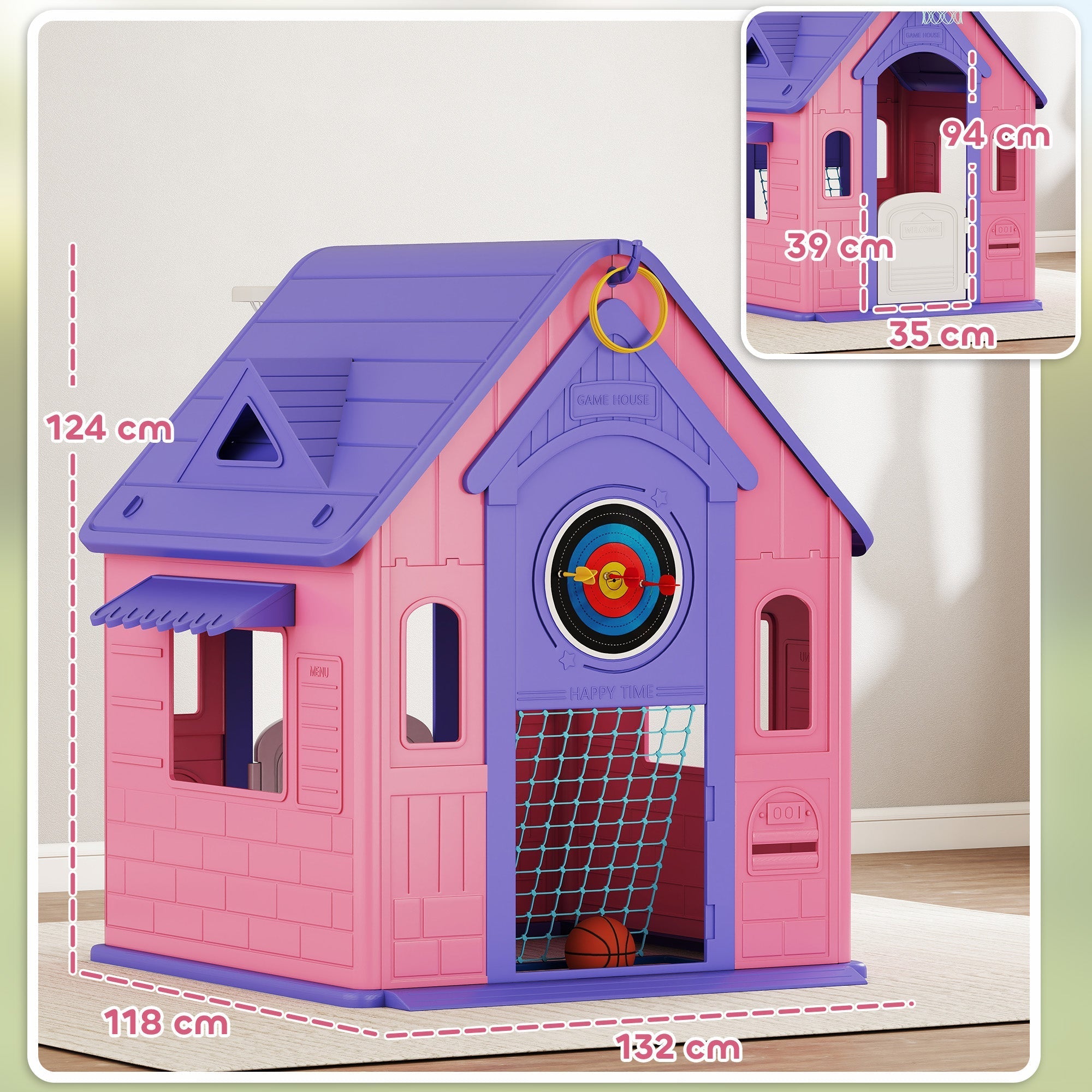 AIYAPLAY 5-in-1 Playhouse for Kids Outdoor Indoor with Basketball Hoop, Football Goal, Dartboard, Ring Toss for 2-5 Years, Pink - SGP Garden Ltd