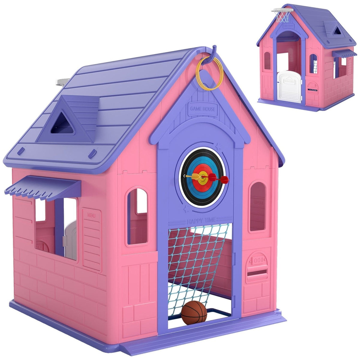 AIYAPLAY 5-in-1 Playhouse for Kids Outdoor Indoor with Basketball Hoop, Football Goal, Dartboard, Ring Toss for 2-5 Years, Pink - SGP Garden Ltd