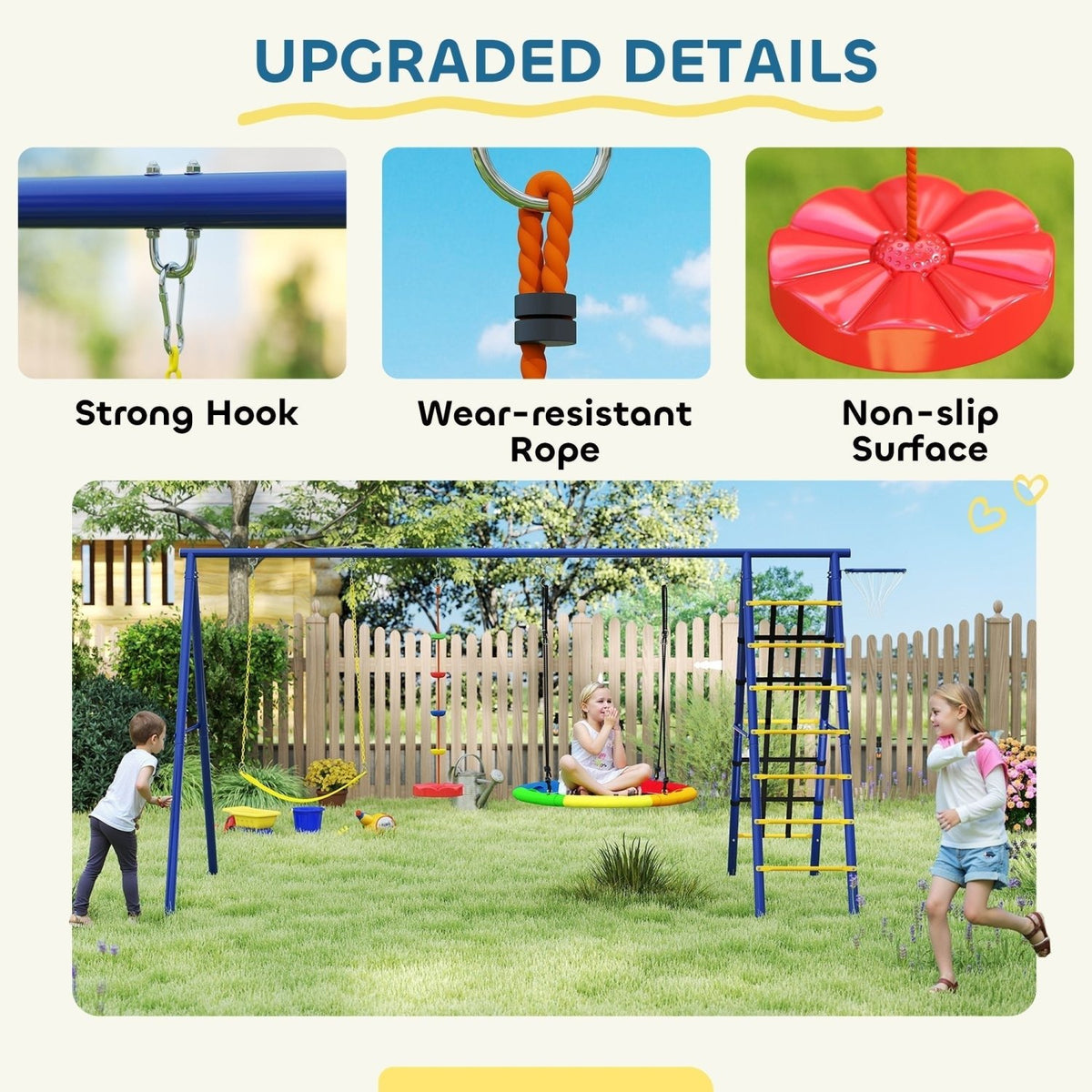 AIYAPLAY 6 in 1 Metal Kids Swing Set with 3 Swings, Climbing Ladder & Net, Basketball Hoop, for Ages 3-8 - SGP Garden Ltd