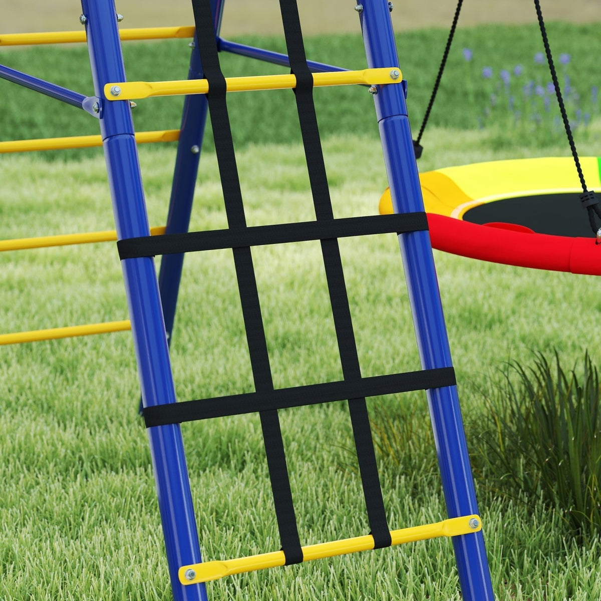 AIYAPLAY 6 in 1 Metal Kids Swing Set with 3 Swings, Climbing Ladder & Net, Basketball Hoop, for Ages 3-8 - SGP Garden Ltd