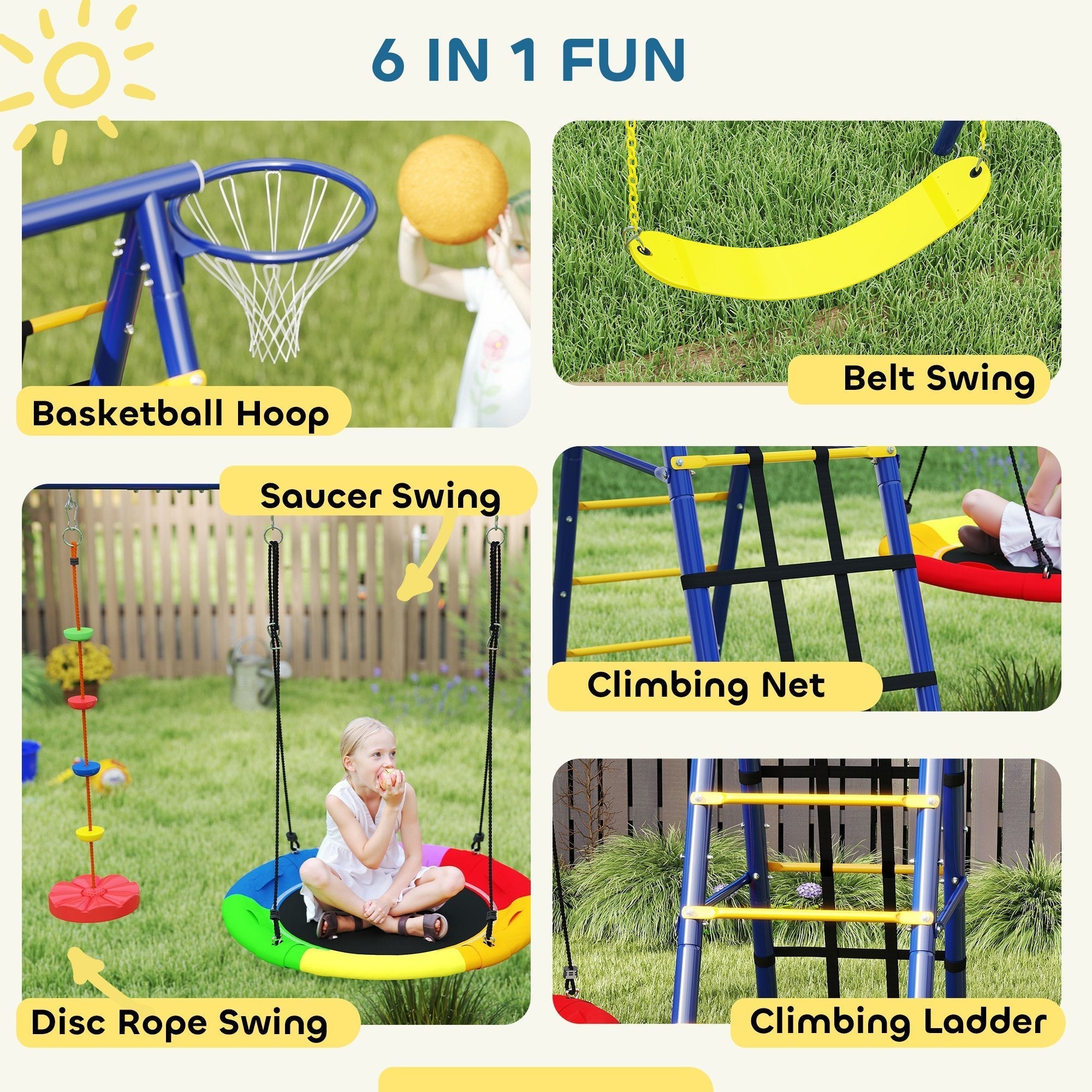 AIYAPLAY 6 in 1 Metal Kids Swing Set with 3 Swings, Climbing Ladder & Net, Basketball Hoop, for Ages 3-8 - SGP Garden Ltd