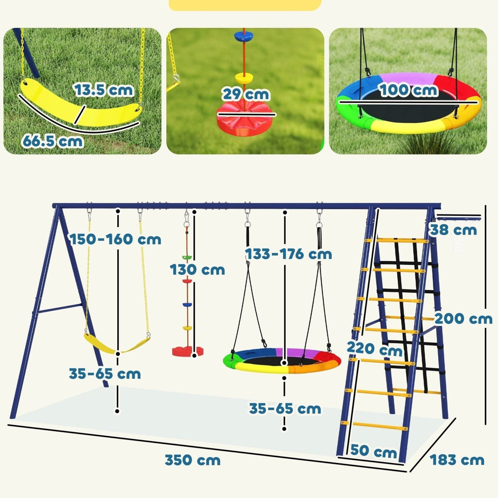 AIYAPLAY 6 in 1 Metal Kids Swing Set with 3 Swings, Climbing Ladder & Net, Basketball Hoop, for Ages 3-8 - SGP Garden Ltd