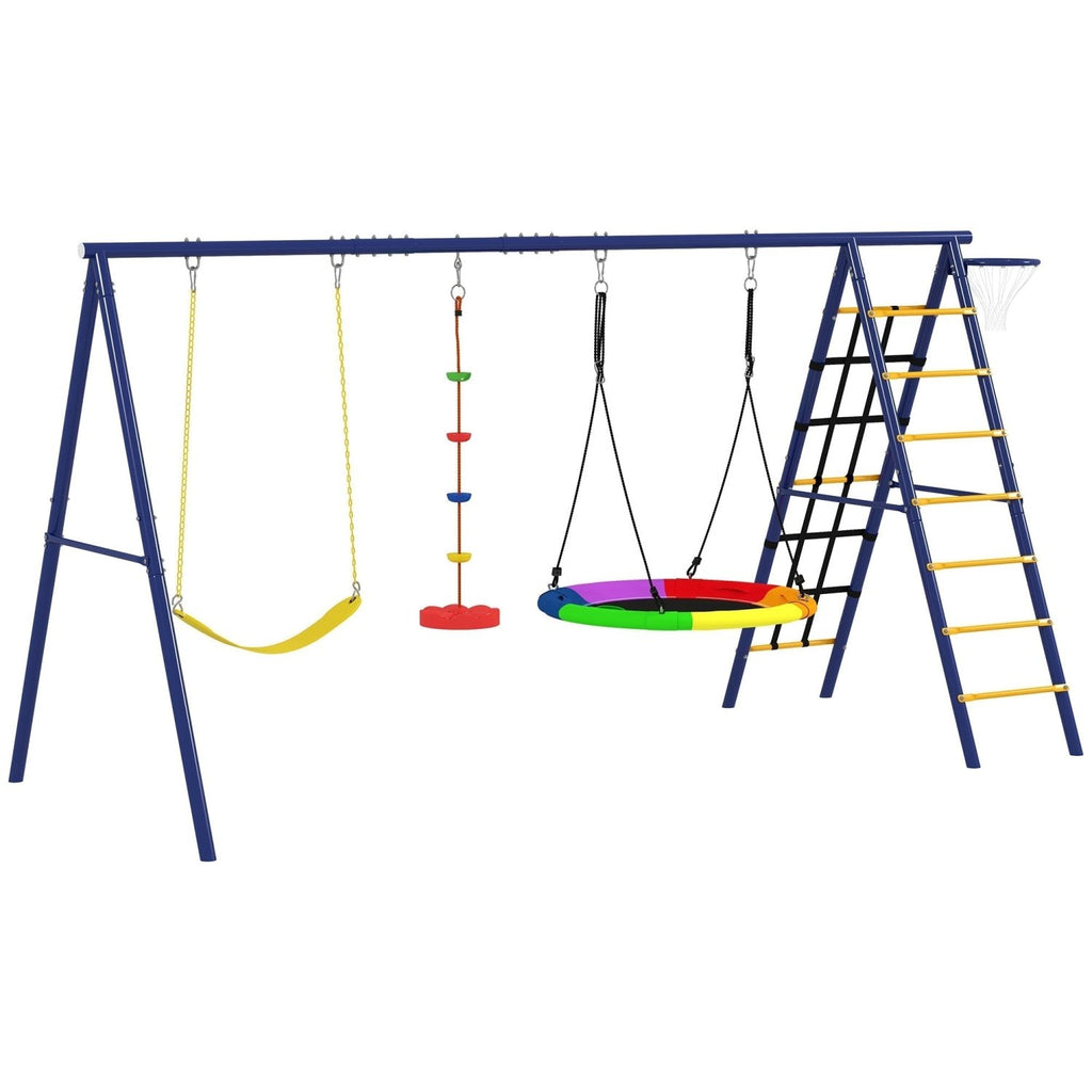 AIYAPLAY 6 in 1 Metal Kids Swing Set with 3 Swings, Climbing Ladder & Net, Basketball Hoop, for Ages 3-8 - SGP Garden Ltd