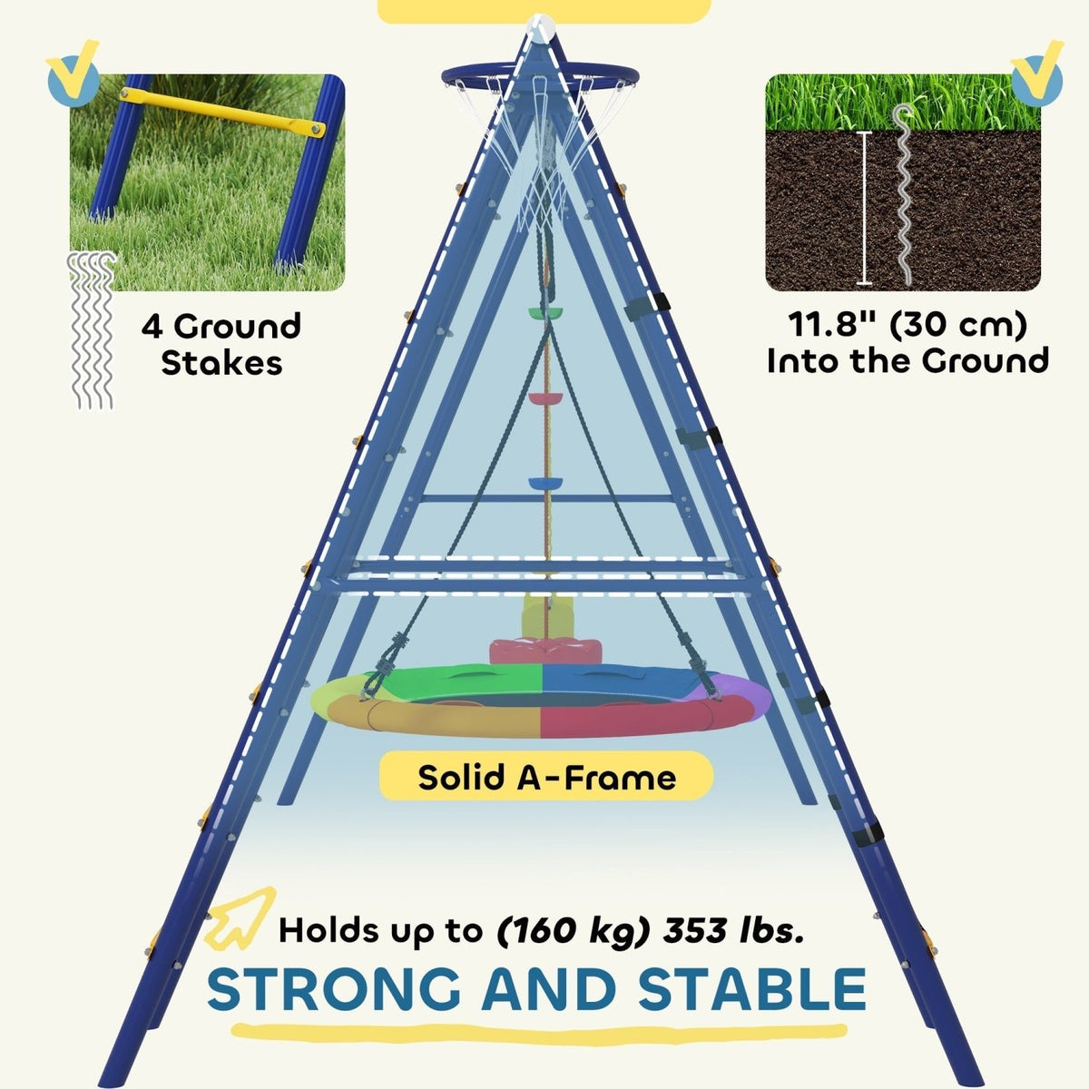 AIYAPLAY 6 in 1 Metal Kids Swing Set with 3 Swings, Climbing Ladder & Net, Basketball Hoop, for Ages 3-8 - SGP Garden Ltd