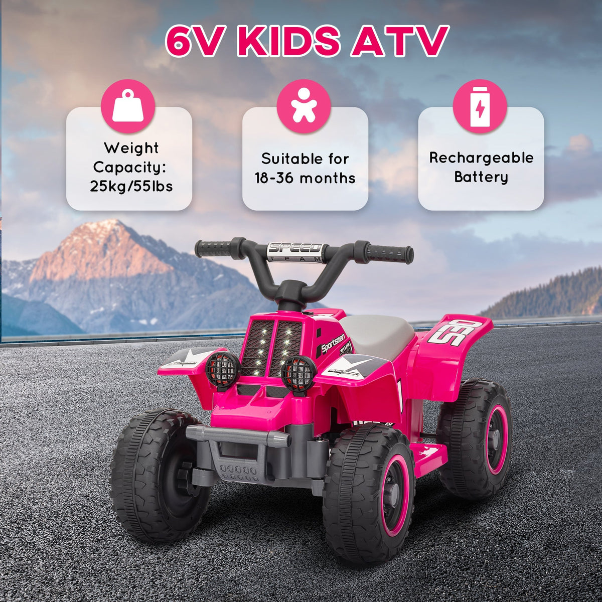 AIYAPLAY 6V Electric Quad Bike for Kids, Ride On ATV w/ Forward Backward, Headlights, for 18-36 Months, Pink - SGP Garden Ltd