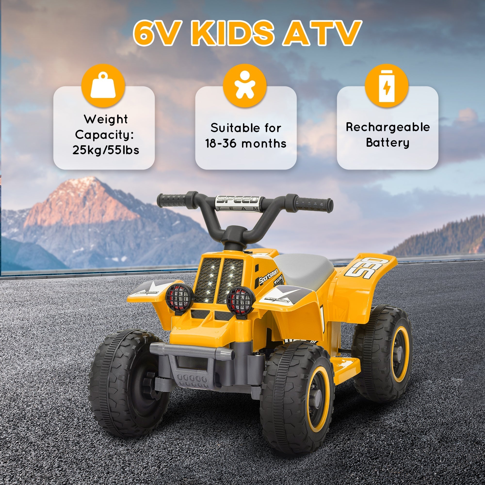 AIYAPLAY 6V Electric Quad Bike for Kids, Ride On ATV w/ Forward Backward, Headlights, for 18-36 Months, Yellow - SGP Garden Ltd