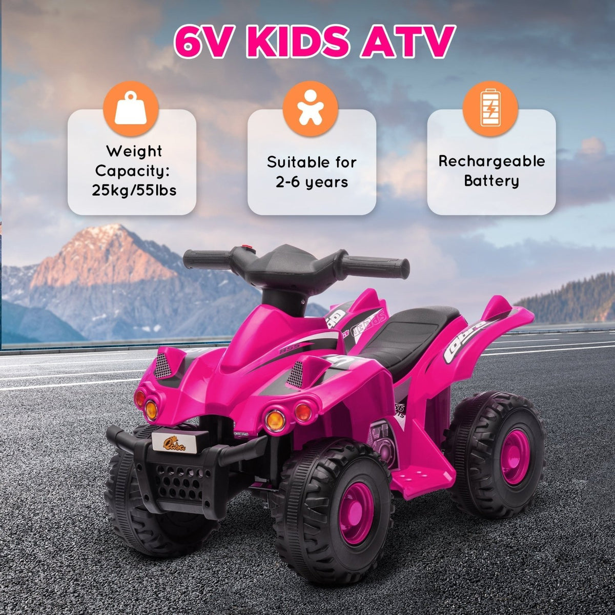 AIYAPLAY 6V Kids Electric Quad Bike w/ Music, Forward Function, for 2-6 Years, Pink - SGP Garden Ltd