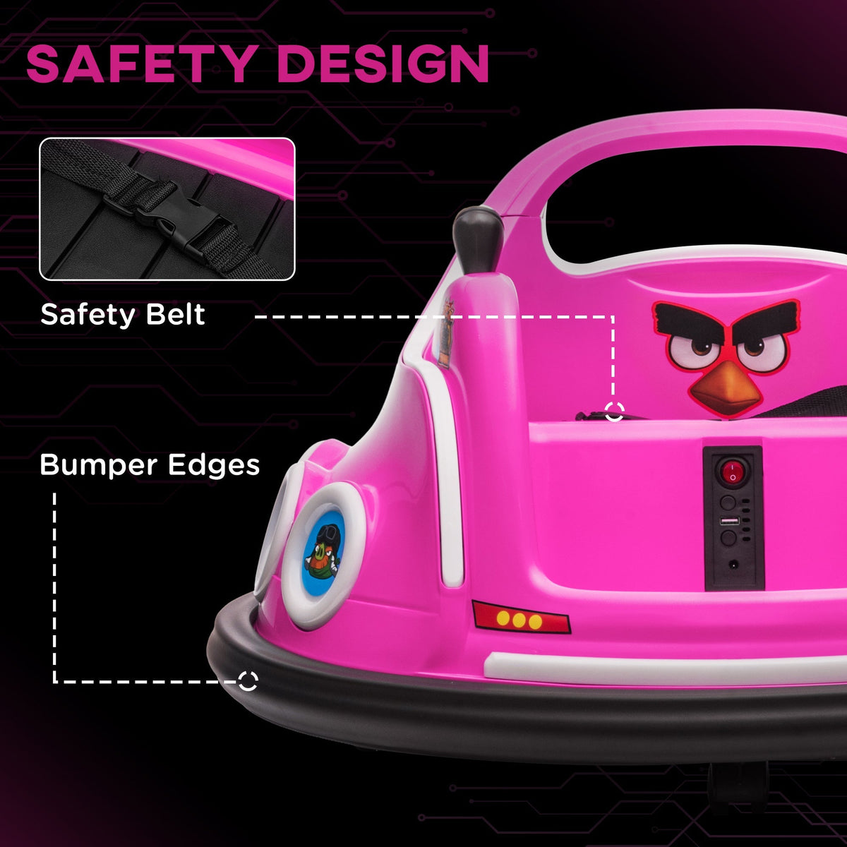 AIYAPLAY Angry Bird Licensed Waltzer Car, 12V Kids Bumper Car w/ Joysticks, Remote, Music LED Lights - Pink - SGP Garden Ltd