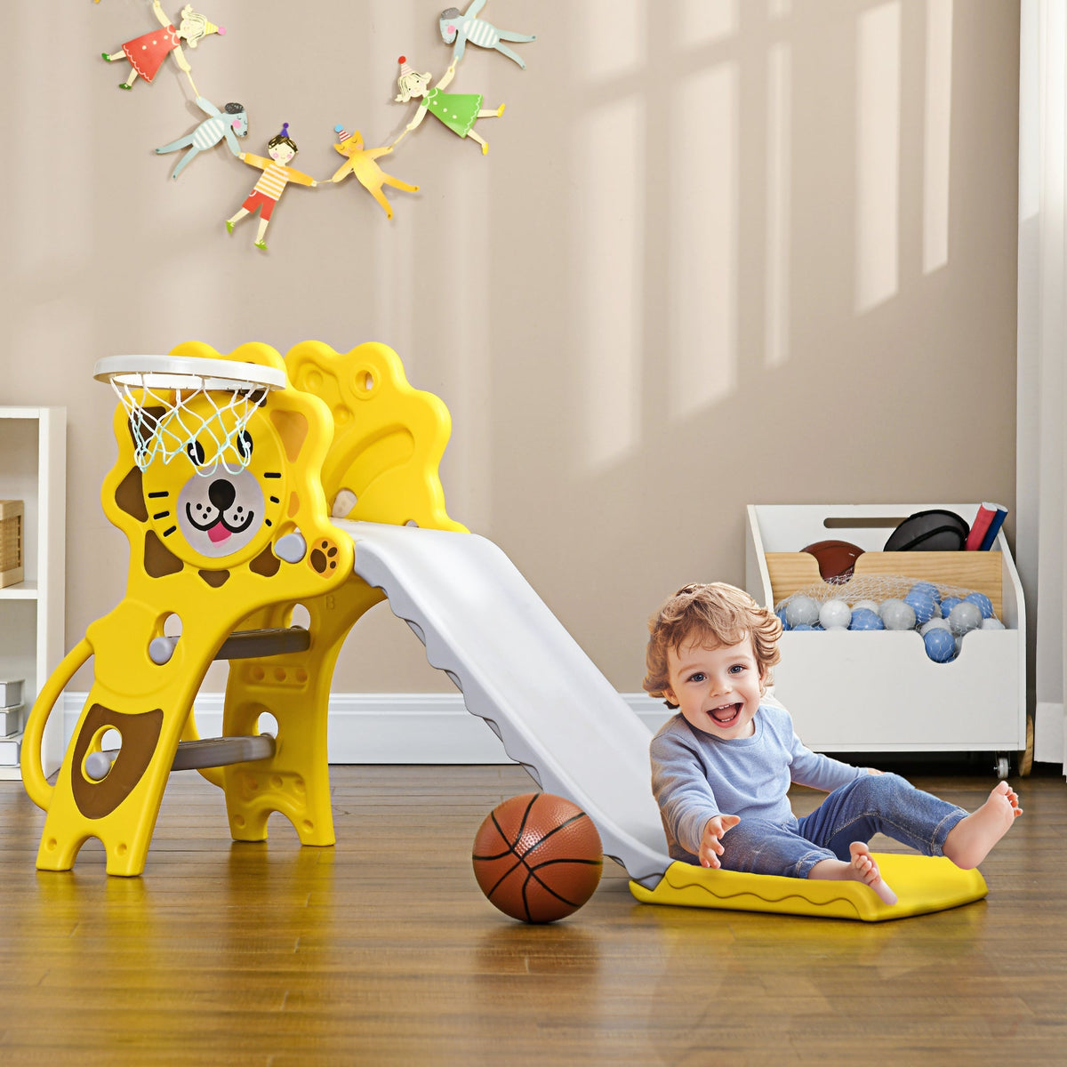 AIYAPLAY Baby Slide with Basketball Hoop, Climber, Easy to Assemble Kids Slide for Indoor Use, for Ages 18-36 Months - Yellow - SGP Garden Ltd
