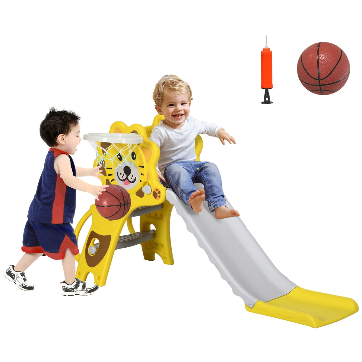 AIYAPLAY Baby Slide with Basketball Hoop, Climber, Easy to Assemble Kids Slide for Indoor Use, for Ages 18-36 Months - Yellow - SGP Garden Ltd