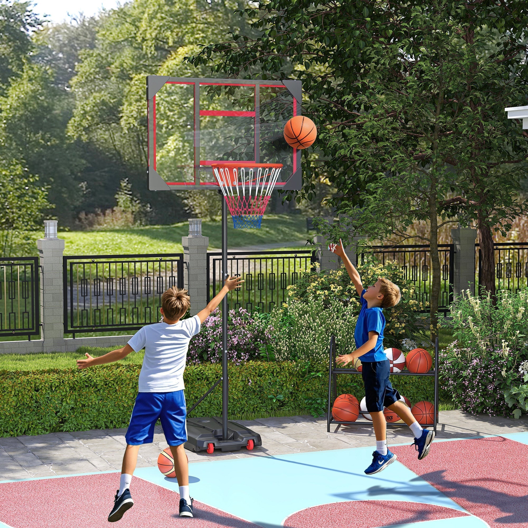 AIYAPLAY Basketball Hoop Outdoor Indoor, 210-260cm Height Adjustable Basketball Hoop with Wheels, Larger Base, for 6+ Years, Red - SGP Garden Ltd