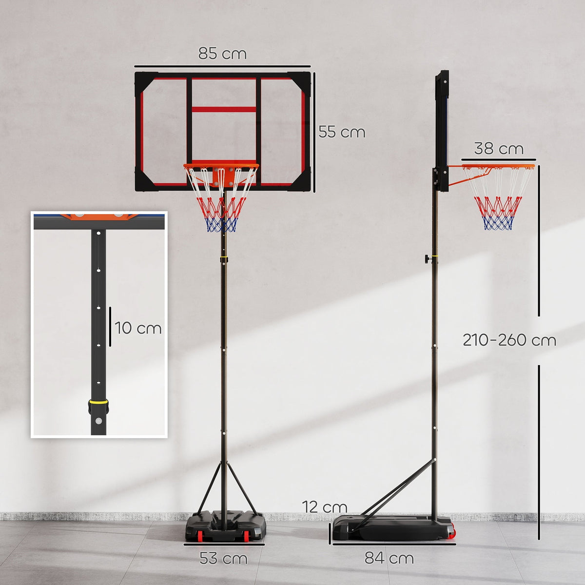 AIYAPLAY Basketball Hoop Outdoor Indoor, 210-260cm Height Adjustable Basketball Hoop with Wheels, Larger Base, for 6+ Years, Red - SGP Garden Ltd
