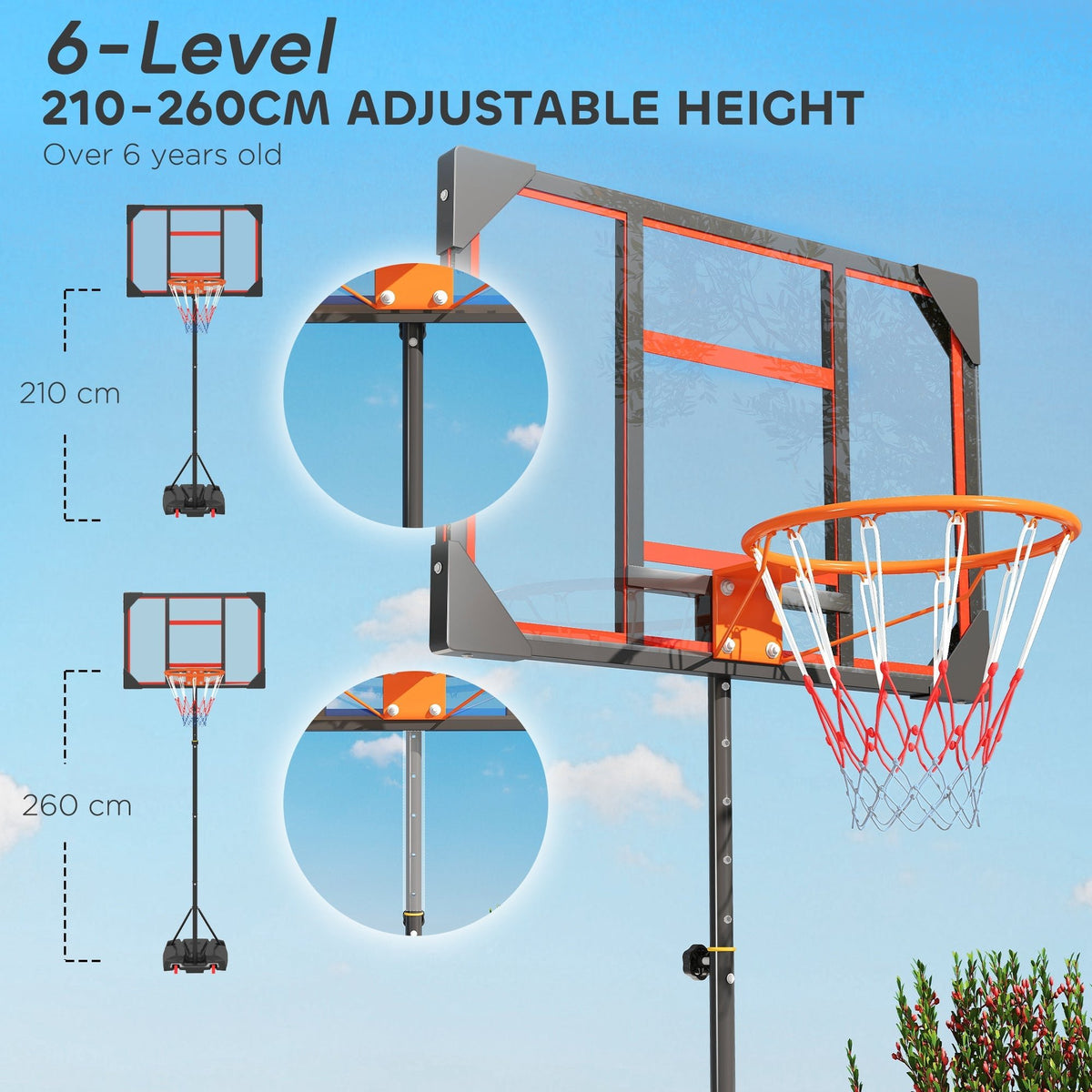 AIYAPLAY Basketball Hoop Outdoor Indoor, 210-260cm Height Adjustable Basketball Hoop with Wheels, Larger Base, for 6+ Years, Red - SGP Garden Ltd