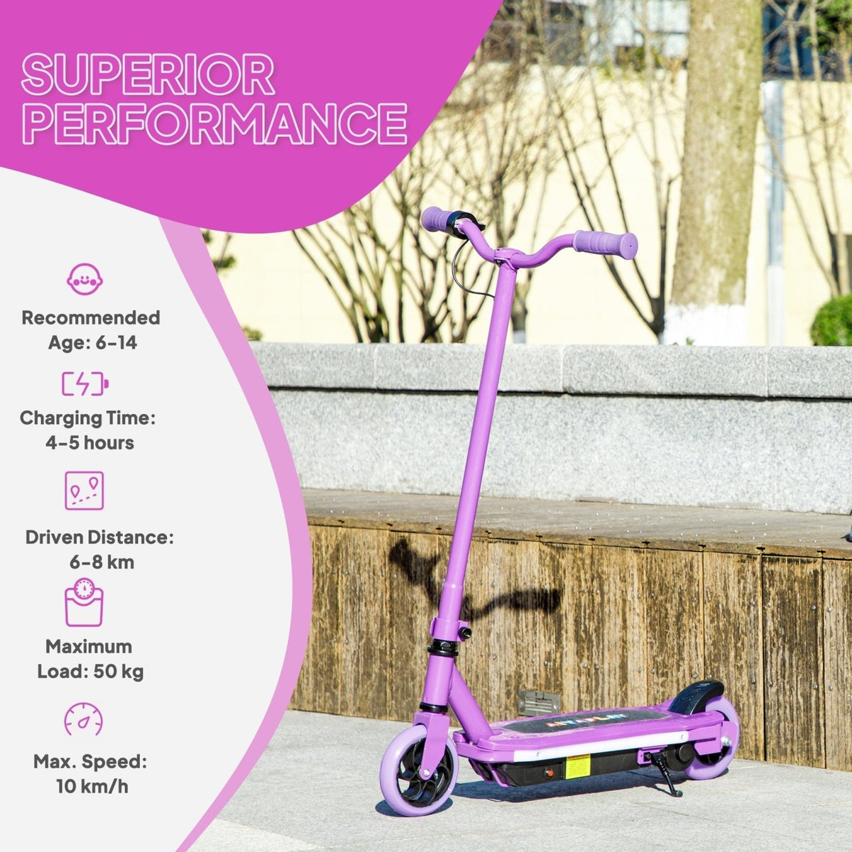 AIYAPLAY Electric Scooter for Ages 6-14, with Colourful Light and Electric Brake, Electric Scooter E Scooter, Up to 10 KM/H & 8 KM, Purple - SGP Garden Ltd